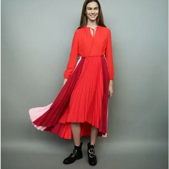 Maje Reona Color Block Pleated Shirt Dress Red & Pink Size 3 - Picture 2 of 10